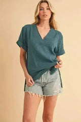 Aemi + Co Side Slit V-Neck Short Sleeve Blouse - Femstylo