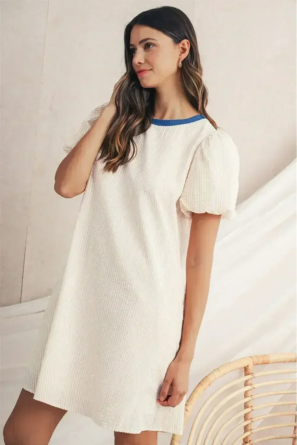 Beige Striped Print Puff Sleeve Textured Mini Dress - Femstylo