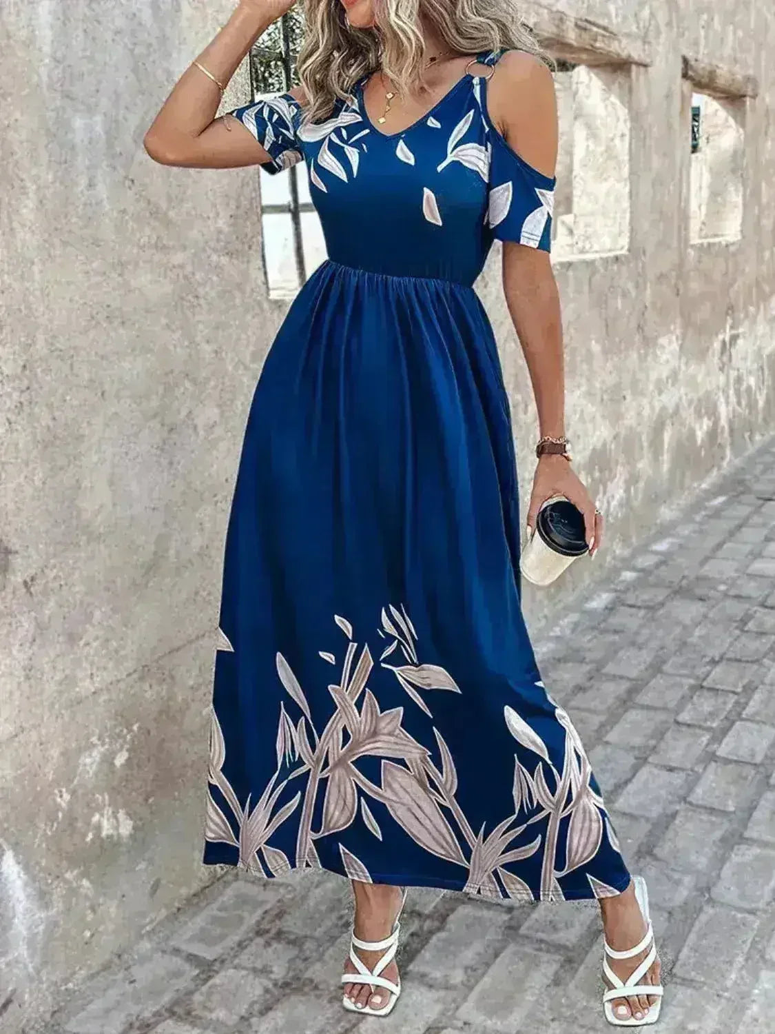 Printed Cold Shoulder Maxi Dress - Stylish Polyester Dress | Femstylo - Femstylo