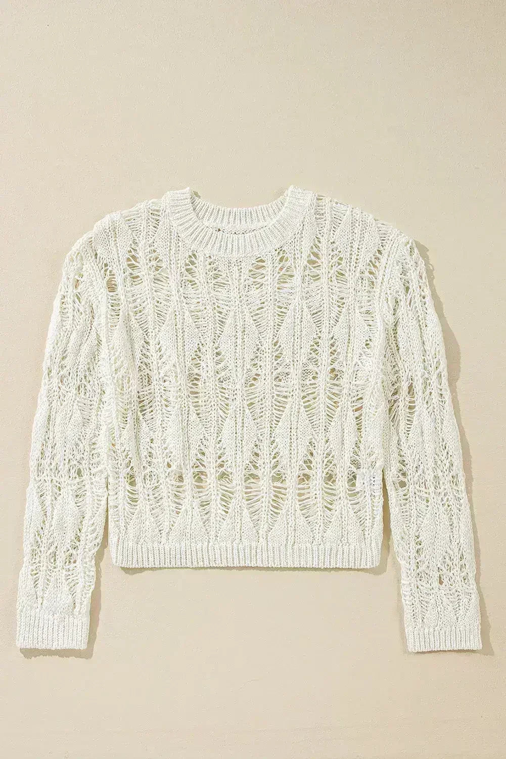 White Crochet Crew Neck Sweater - Loose Fit & High Elasticity | Femstylo - Femstylo