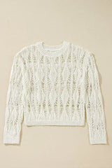 White Crochet Crew Neck Sweater - Loose Fit & High Elasticity | Femstylo - Femstylo