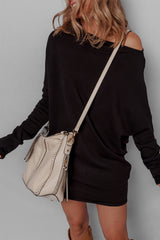 Black Asymmetric Neck Batwing Sleeve Shift Mini Sweater Dress