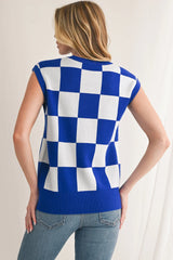 Dark Blue Checkered Knit Top