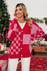 Fiery Red Colorblock Plaid Button Knit Cardigan