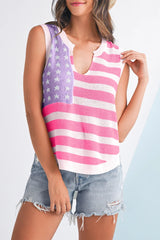 Beige USA Flag Notched Neckline Loose Knit Vest