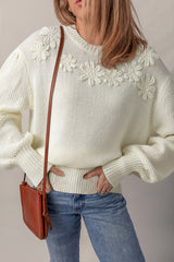 White Flower Detail Round Neck Contrast Textured Puff Sleeve Sweater
