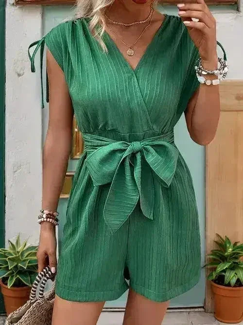 Drawstring Surplice Cap Sleeve Romper - Femstylo