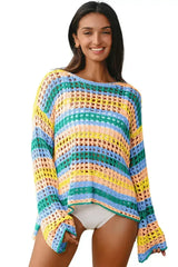 Purple Striped Hollow Knit Summer Beach Cover Up - Femstylo