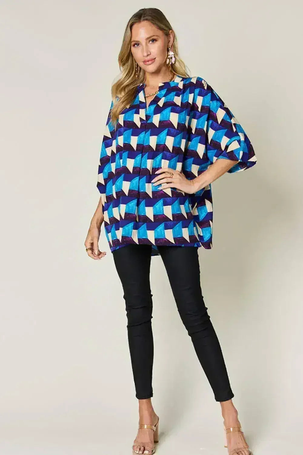 Geometric Notched Sleeve Blouse - Versatile Top | Femstylo - Femstylo