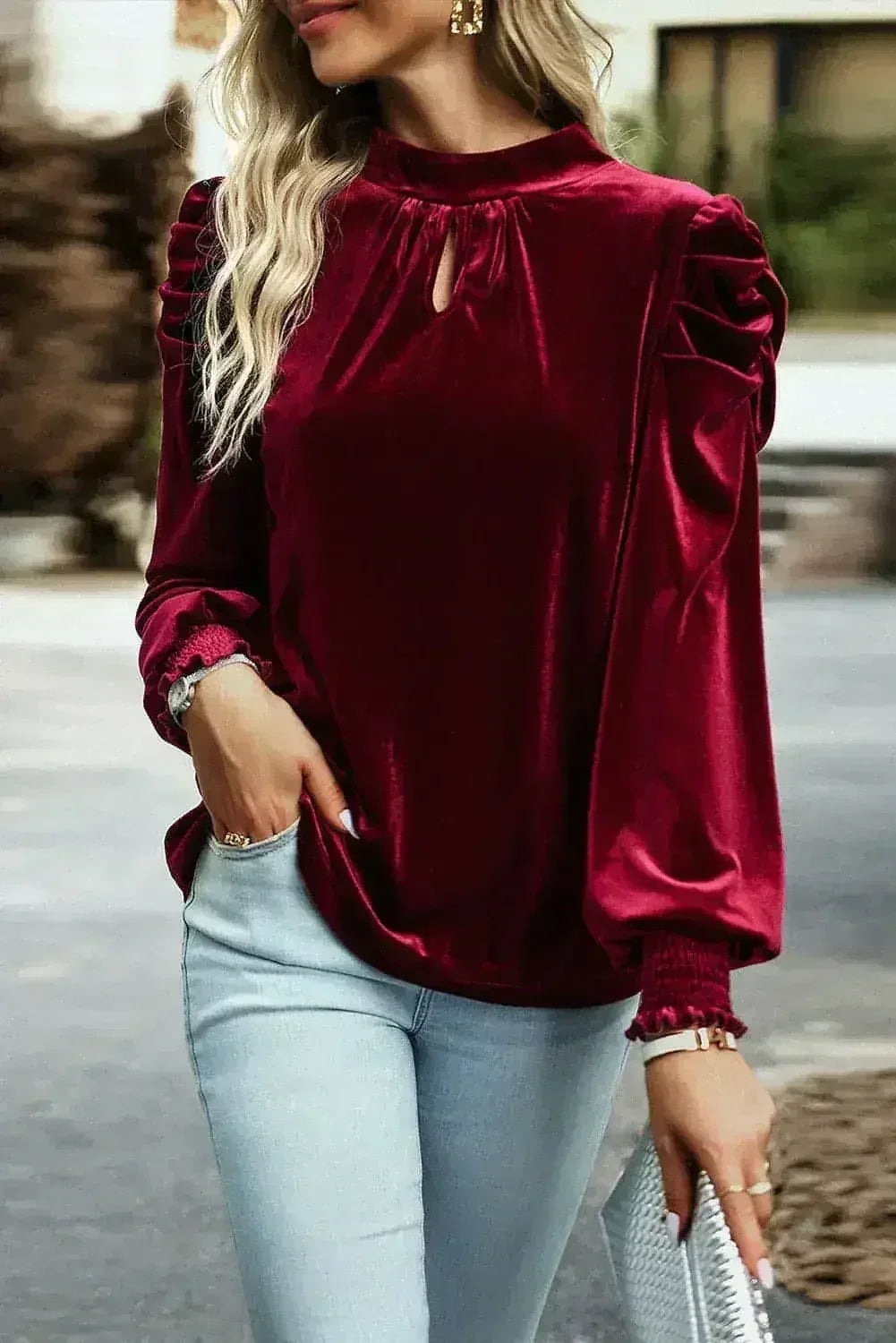Fiery Red Velvet Blouse - Mock Neck & Puff Sleeves | Femstylo - Femstylo