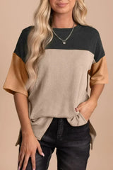 Black Color Block Ribbed Side Slits Half Sleeve Top - Femstylo