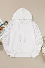 White Lace Patchwork Sleeve Drawstring Hoodie - Femstylo