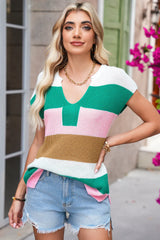 Multicolour Colorblock Notch V Neck Knit T Shirt