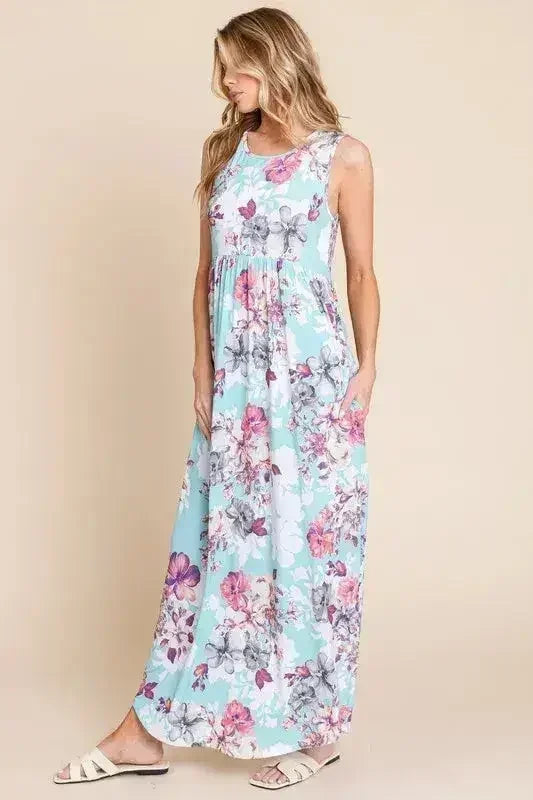 BOMBOM Floral Round Neck Sleeveless Maxi Dress with Pockets - Femstylo