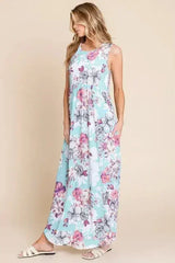 BOMBOM Floral Round Neck Sleeveless Maxi Dress with Pockets - Femstylo
