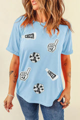 Light Blue Cheer Game Day Element Sequin Patched T Shirt