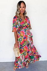 Rose Tropical Plant Print Surplice V Neck Ruffle Hem Maxi Dress - Femstylo