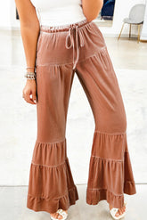 Straw Yellow Mineral Wash Lace-up High Waist Tiered Flared Pants