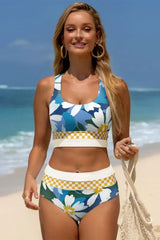 Green Floral Print Racerback High Waist Bikini Swimwear - Femstylo