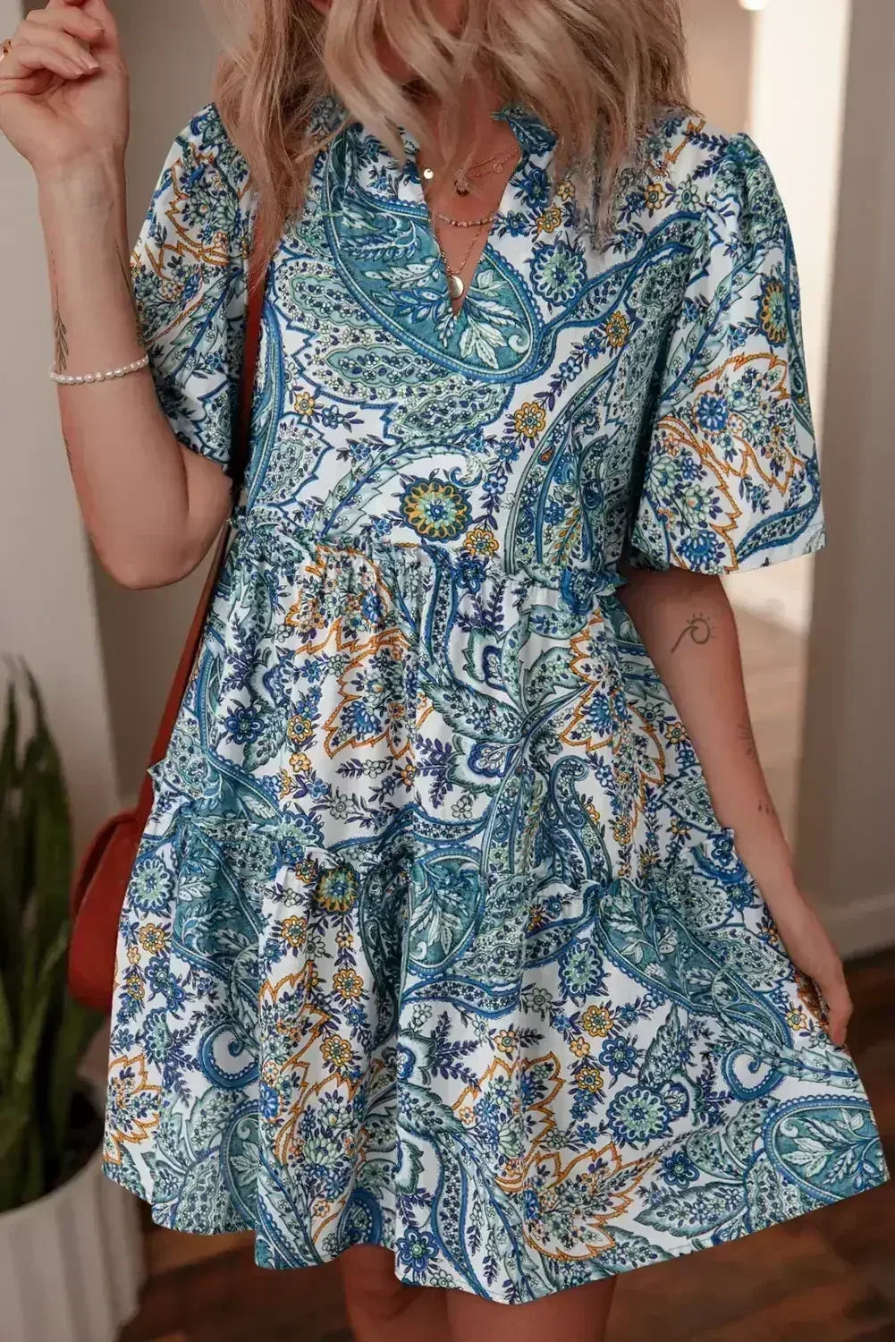 Blue Bohemian Paisley Floral V Neck Puff Sleeve Mini Dress - Femstylo
