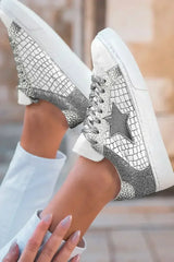 Gold Glitter Star Patchwork PU Leather Lace-up Sneakers - Femstylo