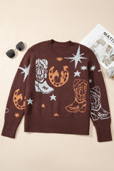 Brown Star Boots Print Cropped Knit Sweater