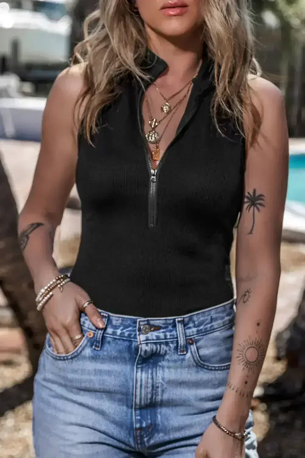 Black Zip Up Mock Neck Ribbed Sleeveless Bodysuit - Femstylo