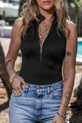 Black Zip Up Mock Neck Ribbed Sleeveless Bodysuit - Femstylo