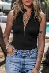 Black Zip Up Mock Neck Ribbed Sleeveless Bodysuit - Femstylo