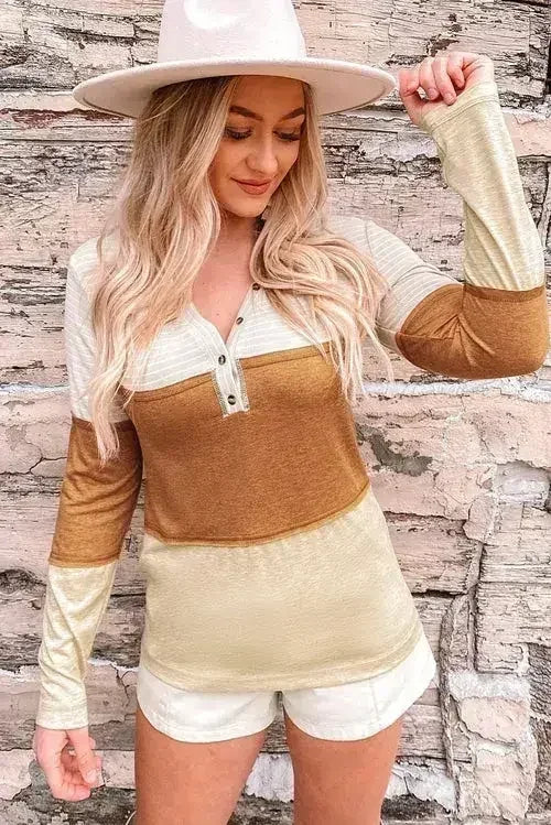 Orange Color Block Henley Top - Striped V-Neck Knit | Femstylo - Femstylo