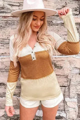 Orange Color Block Henley Top - Striped V-Neck Knit | Femstylo - Femstylo