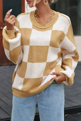 Khaki Checkered Bishop Sleeve Sweater - Femstylo