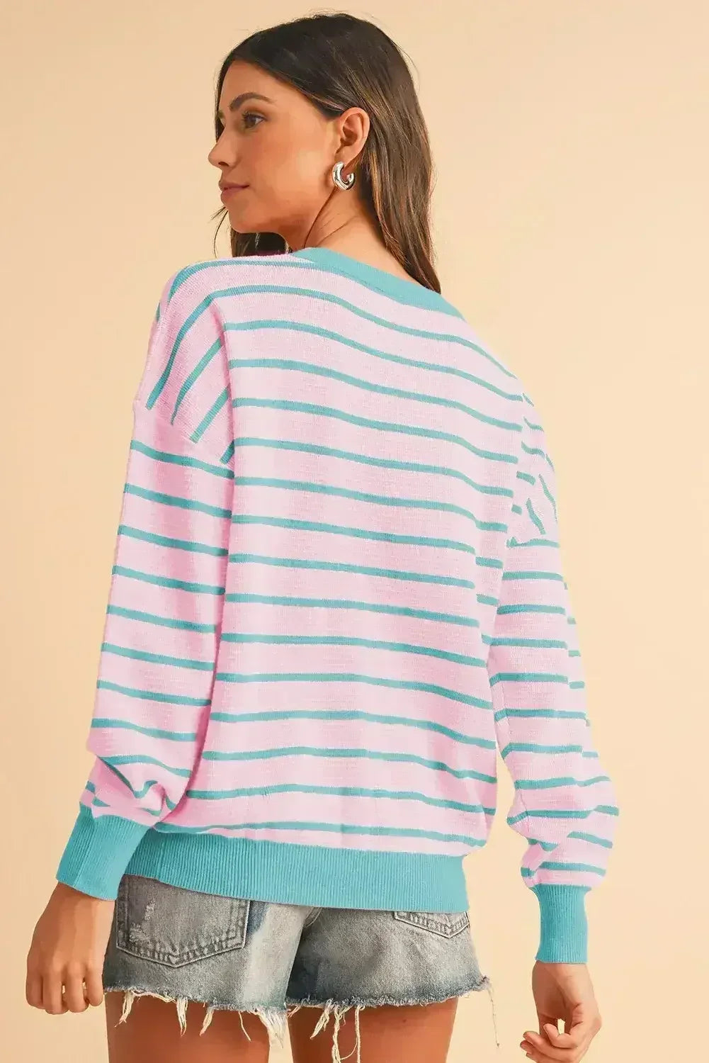 Pink Stripe Round Neck Drop Shoulder Loose Sweater - Femstylo