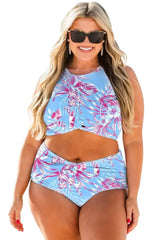 Rose Plus Size Floral Print Twisted High Waist Bikini Set - Femstylo