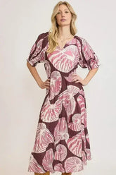 Umgee Full Size Printed Notched Puff Sleeve Midi Dress Plus Size - Femstylo