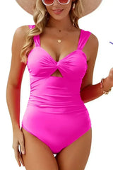 Bright Pink Cut Out Twist Bowknot Backless One Piece Swimsuit - Femstylo