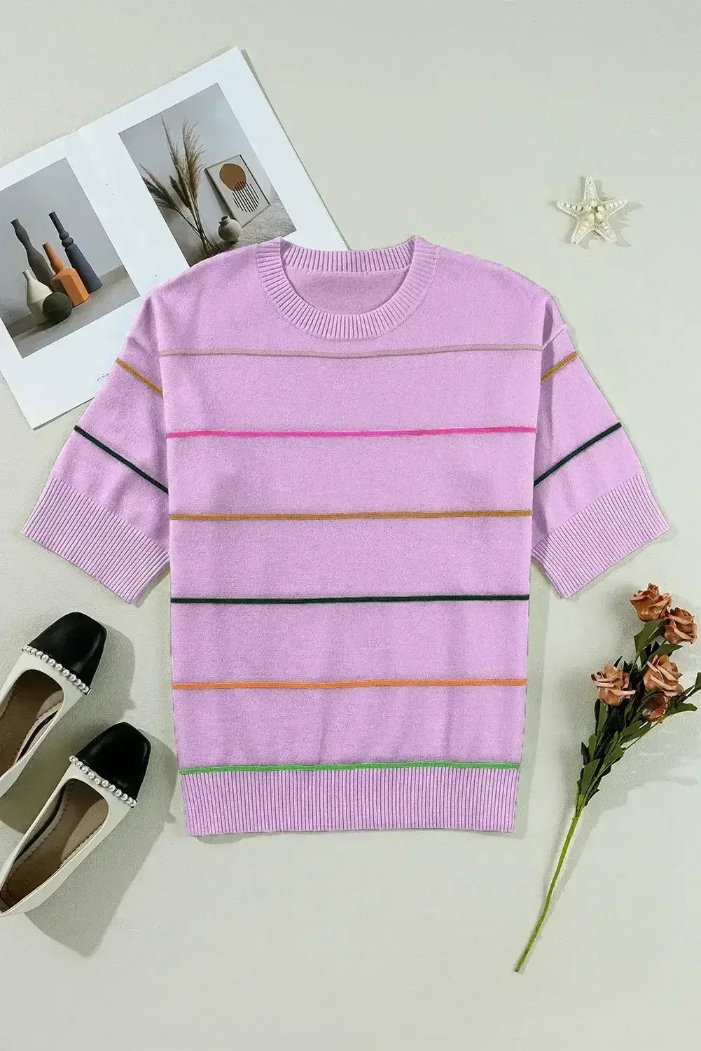 White Striped Half Sleeve Drop Shoulder Sweater - Femstylo
