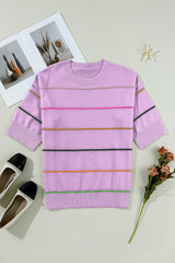 White Striped Half Sleeve Drop Shoulder Sweater - Femstylo