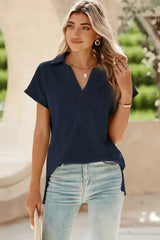 White Textured V Neck Collared Split Hem T Shirt - Femstylo