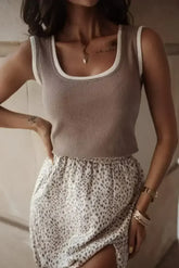 Smoke Gray Ribbed Knit Contrast Edge U Neck Slim Fit Tank Top - Femstylo