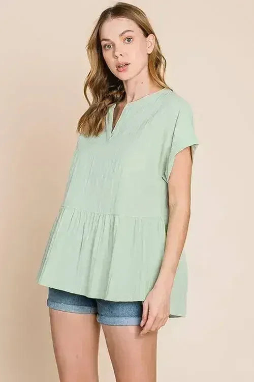 Ruched Notched Sleeve Blouse - Cotton Women's Top | Femstylo - Femstylo