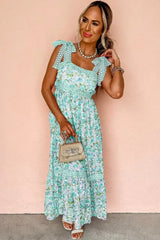 Green Floral Lace Tied Strap Empire Waist Maxi Dress - Femstylo