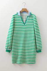 Green Pop of Color V Neck Striped Long Sleeve Mini Dress