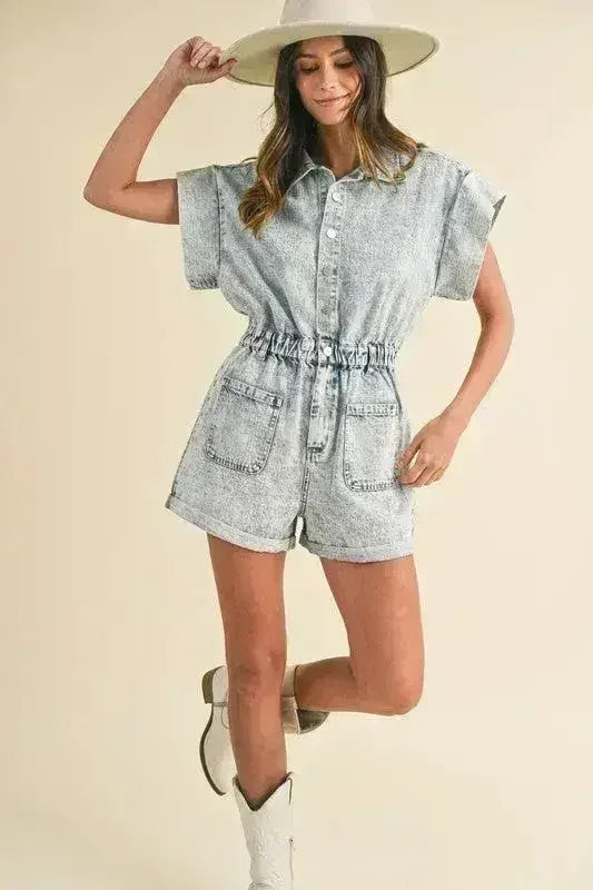 Annie Wear Elastic Waistband Short Sleeve Denim Romper - Femstylo