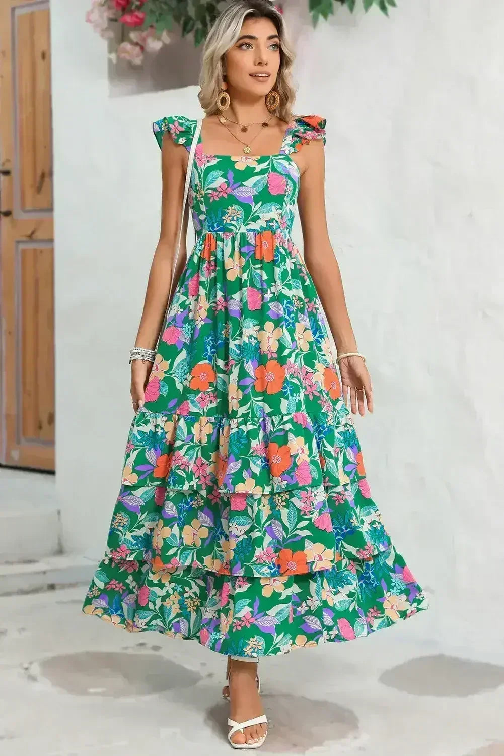 Green Boho Floral Print Ruffle Sleeveless Tiered Maxi Dress - Femstylo