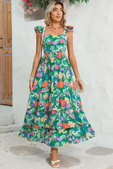 Green Boho Floral Print Ruffle Sleeveless Tiered Maxi Dress - Femstylo