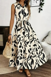 Apricot Abstract Print Knot Waist Collar Sleeveless Maxi Dress - Femstylo