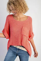 Salmon Rolled Cuff Knit Tee - Oversized Comfort | Femstylo - Femstylo
