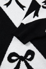 Black Bow Pattern 2-tone Rhombus Knit Loose Sweater