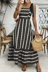 Black Geometric Striped Knot Strap Maxi Dress - Femstylo